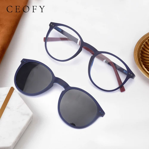 Ceofy, montura de gafas para mujer, gafas de sol redondas para miopía óptica, gafas graduadas para hombre, montura de gafas con Clip para el sol magnético C8014