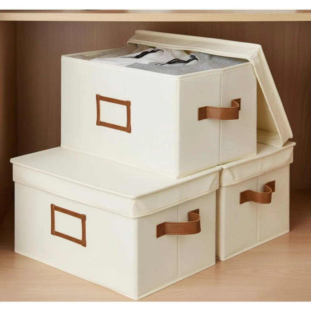 صناديق تخزين كبيرة قابلة للطي مع أغطية، وصناديق تنظيم قابلة للتكديس مع مقابض من البولي يوريثان لأرفف الخزانة، عاجي 3 عبوات