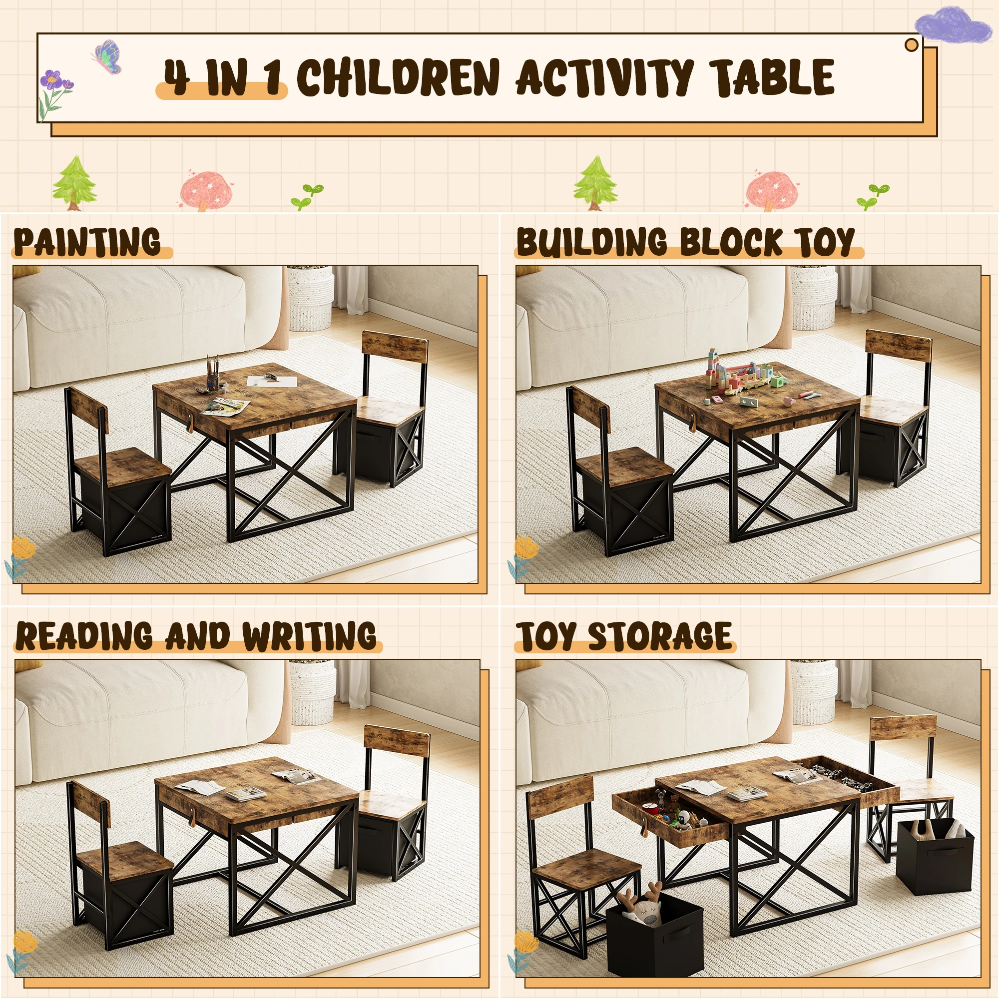 4-in-1 Kids Table and Chairs Set with Storage, Toddler Activity Desk for Crafts, Drawing, Reading – Ideal Children’s Furniture f