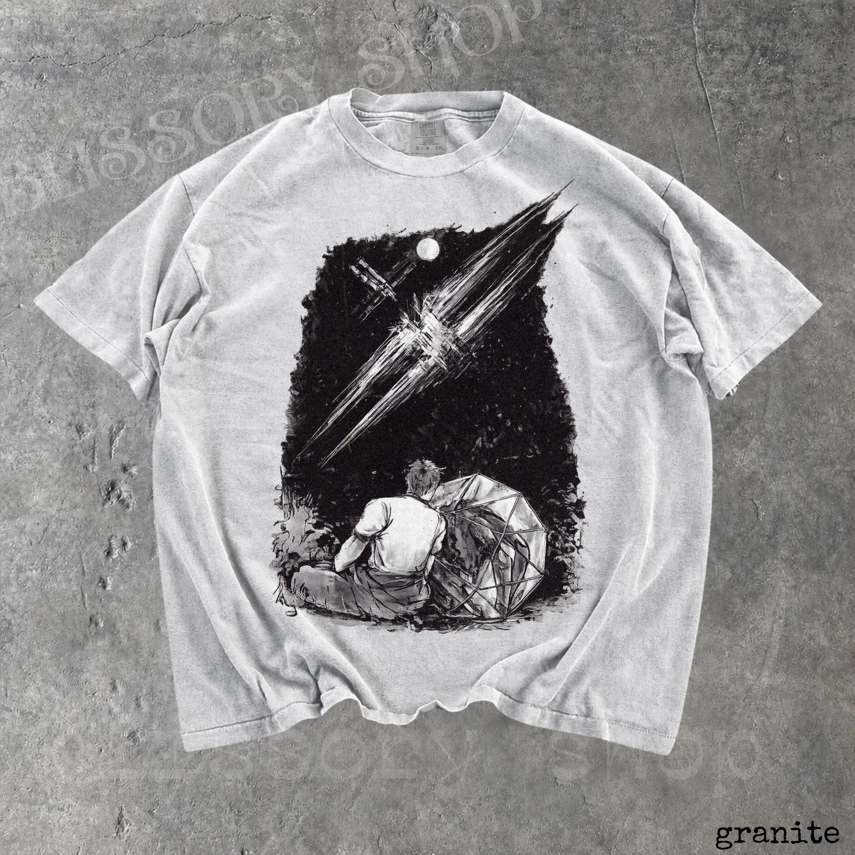“Unisex 'Lonely Figure & Geometric Sphere' Graphic T-Shirt Monochrome Abstract Art Oversize Black Streetwear Tee”