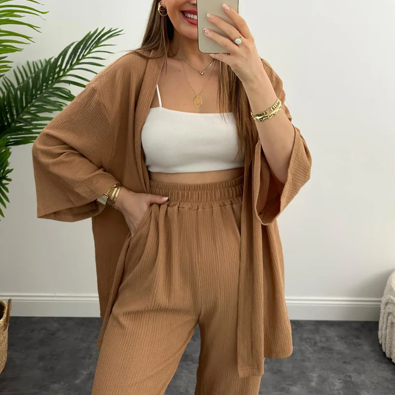 Autumn Womans Loose Sleepwear Two-piece Set Flare Long Sleeved Cardigan + Pleated Wide Leg Pants Home Suit Female Casual Pajamas