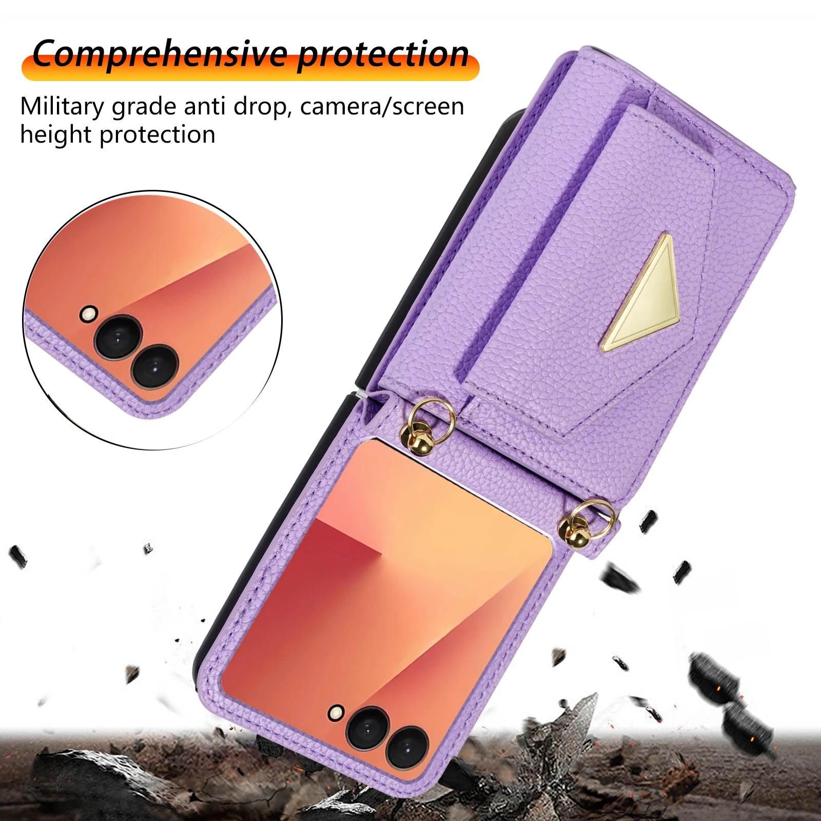 Für Samsung Galaxy Z Flip 8 7E 7 6 5 Crossbody-Lederhülle mit Kartenfach, Geldbörse, langem Trageband, stoßfester Rückseiten-Handycover