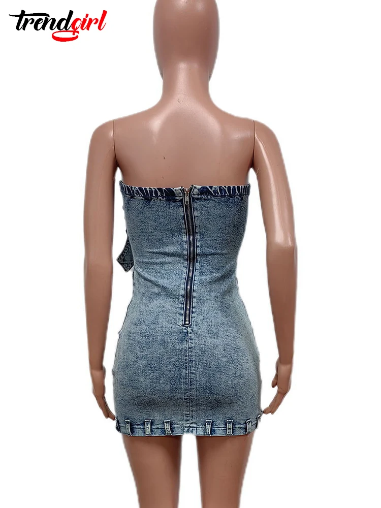 Mlaiscsr sexy jean estiramento mini vestido feminino streetwear sem alças uma peça bolso bodycon denim aniversário noite clube vestidos