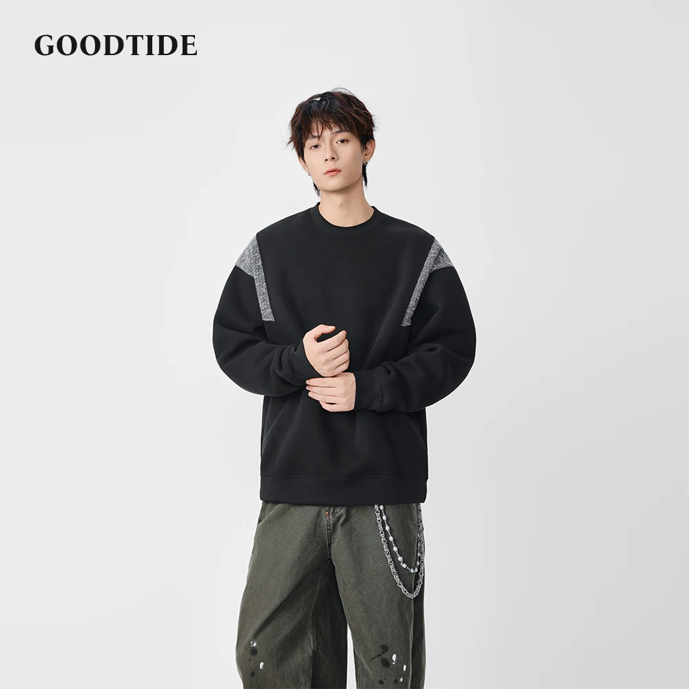

Fashion Men's Casual Crew Neck Sweatshirt 2025 Winter New Contrast Textured Shoulder Detail Loose Fit Men Pullover Top