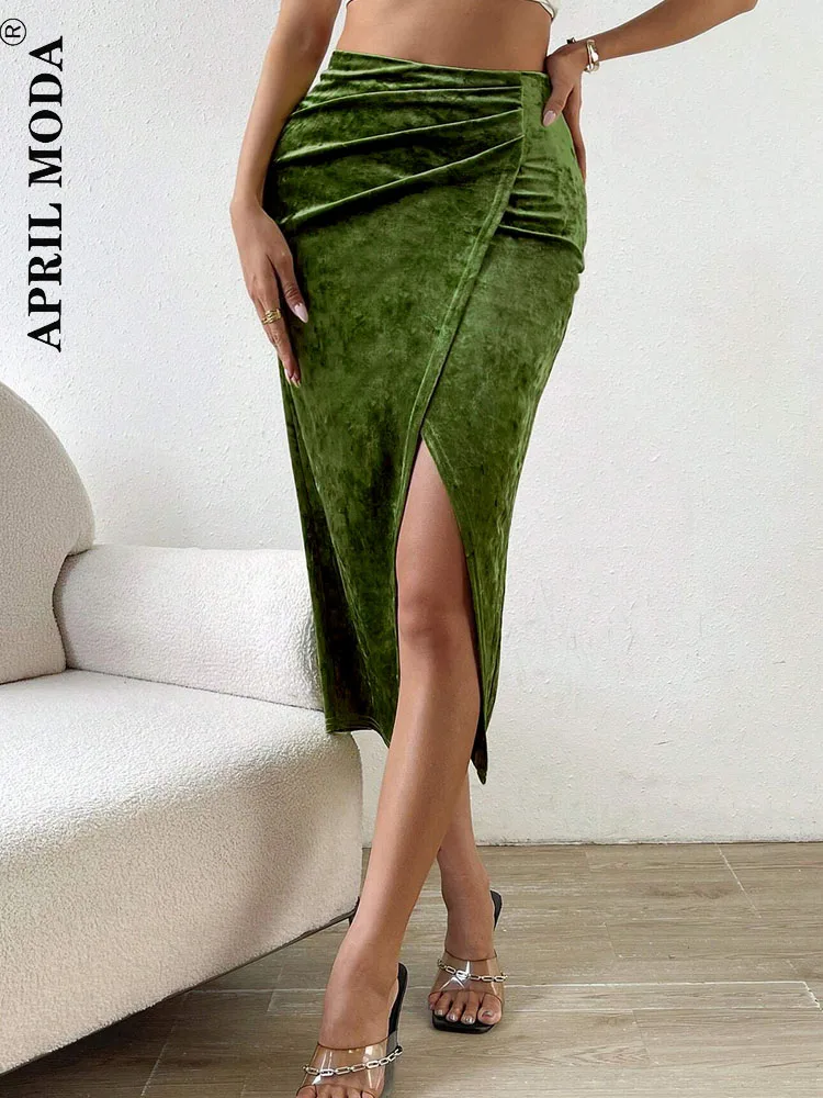 Autumn Winter High Split Velvet Wrap Skirt Green Office OL Midi Long Vintage Skater A-Line Pleated Ladies All-match Pencil Skirt