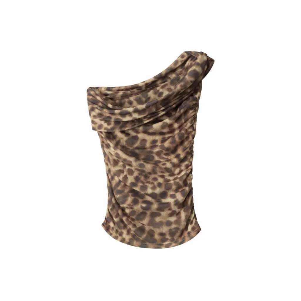 

HeyHenry Women's Sexy Leopard Print Cropped Tank Top Asymmetrical Hem Irregular Slant Collar Pleated Design Trendy Casual Top