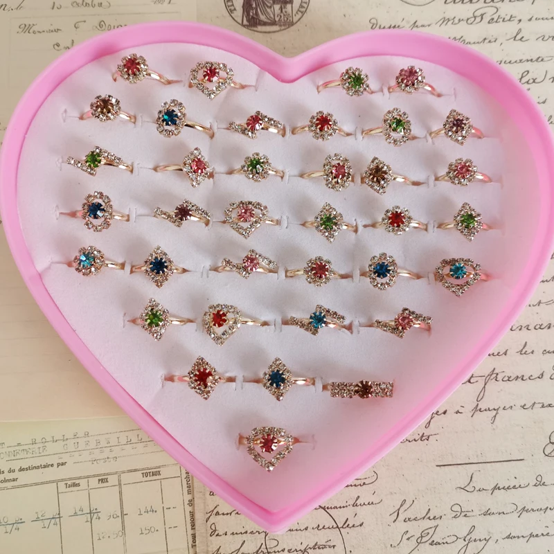 10/20/36pc Mixed Assorted Heart Oval Flower Mix Styles Colorful Crystal Adjustable Rings Baby Kids Girls Party Gifts