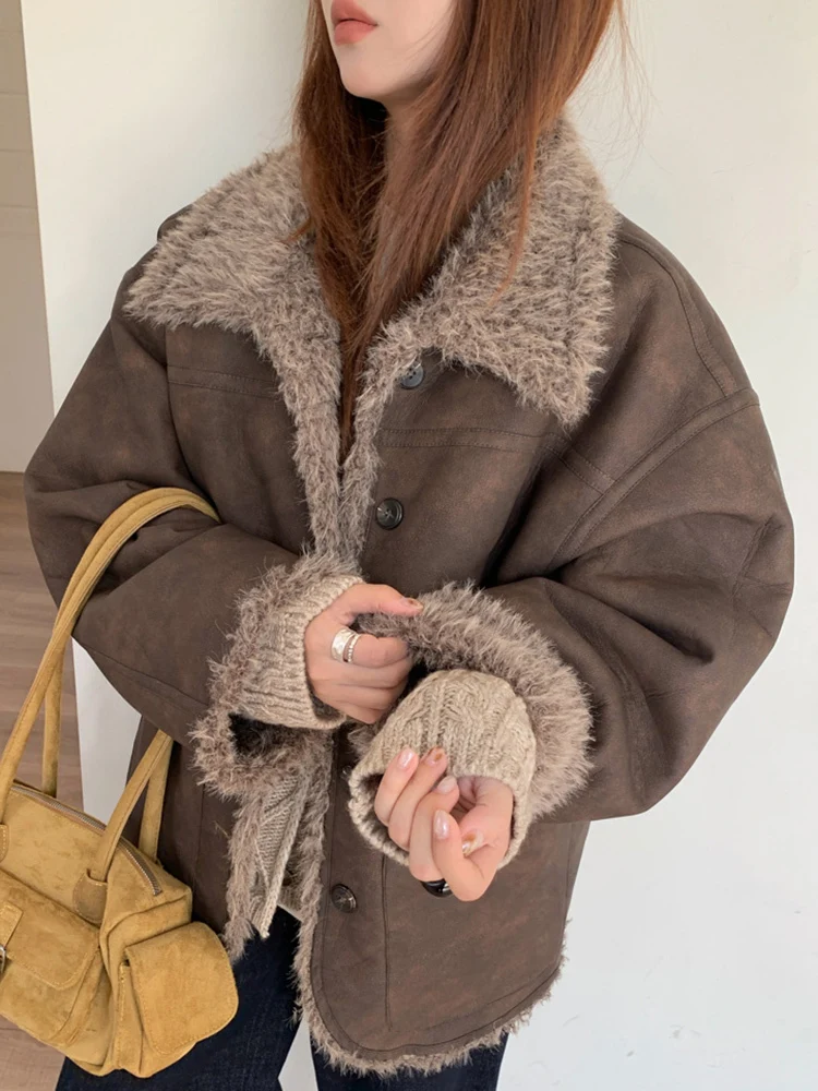 YERMORA Coffee Reversible Pocket Leather Vintage Jacket For Women Lapel Long Sleeve Loose New Coat Fashion Tide Autumn Winter