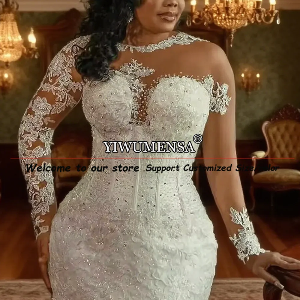 독점적인 O넥 레이스 아플리케 웨딩드레스, 신부를 위한 긴 소매 비즈 장식 브라이덜 가운, 탈부착 가능한 트레인, 여성 리셉션 가운