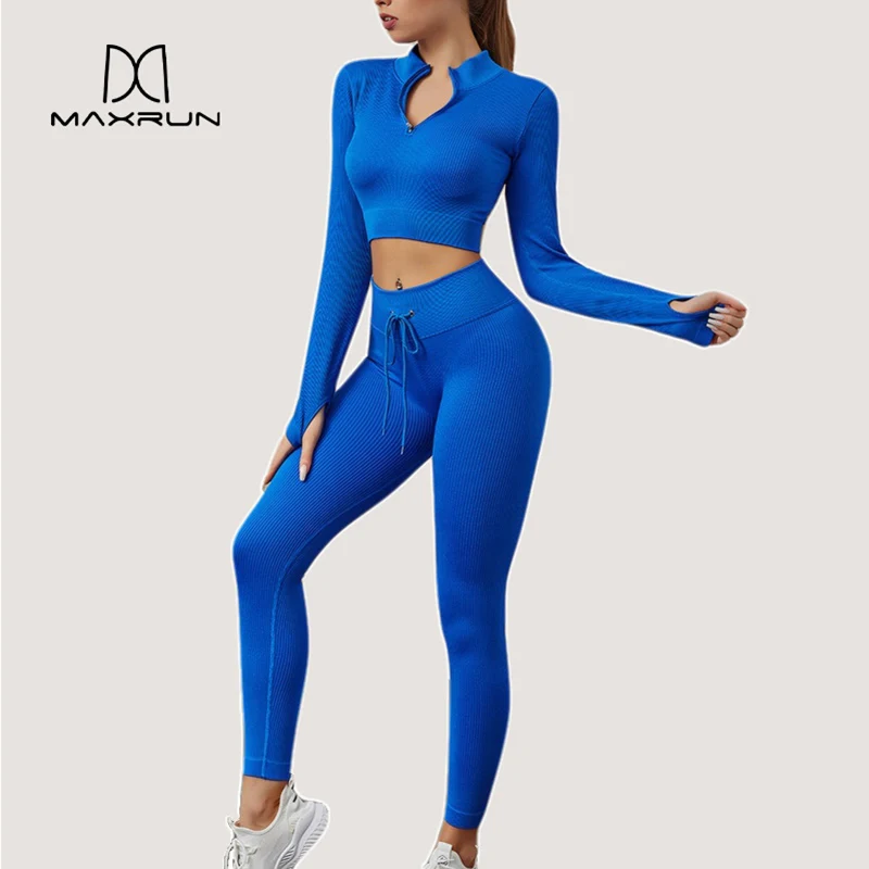 

MaxRunPro Women's 2Pcs Seamless Ribbed Knitted Yoga Set 1/2 Zip Long Sleeved Crop Top Drawstring High Waist Leggings Gym Clothes