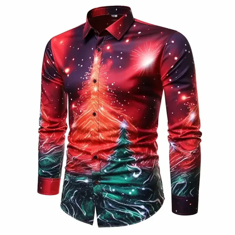 Christmas tree starry night print men's long-sleeved shirt high quality comfortable men's lapel top men's shirt 2024 new style