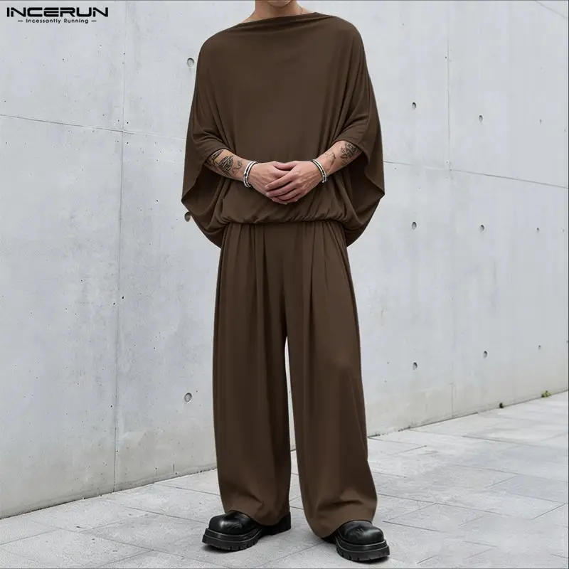 

INCERUN Men's Sets Solid Knitted Boat Neck 3/4 Sleeve T Shirt & Pants Two Piece Sets Streetwear 2026 Fashion Men Matching Sets