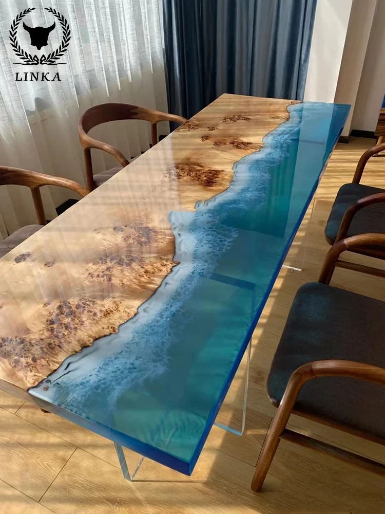 Epoxy glue river tabletop ocean tea table wave big board dining  solid wood log coffee Outdoor Hotel Modern Custom