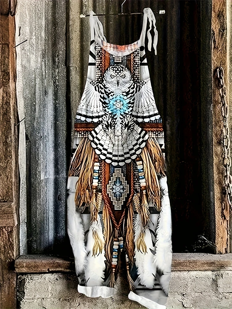 2025 Summer New Women's Jumpsuit Casual Vacation Tribal Owl Pattern Vintage Jumpsuit Large Size Home Loose Back Pants