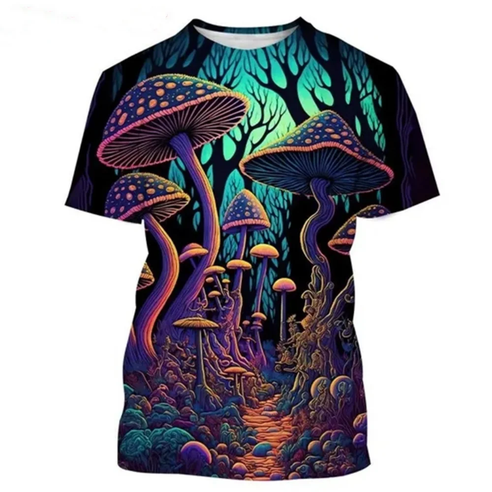 Mushroom 3D Printing T-shirts Plant Mushroom Pattern T-shirts Round Neck Short Sleeve Forest Top T-shirt High Quality Men's Wear