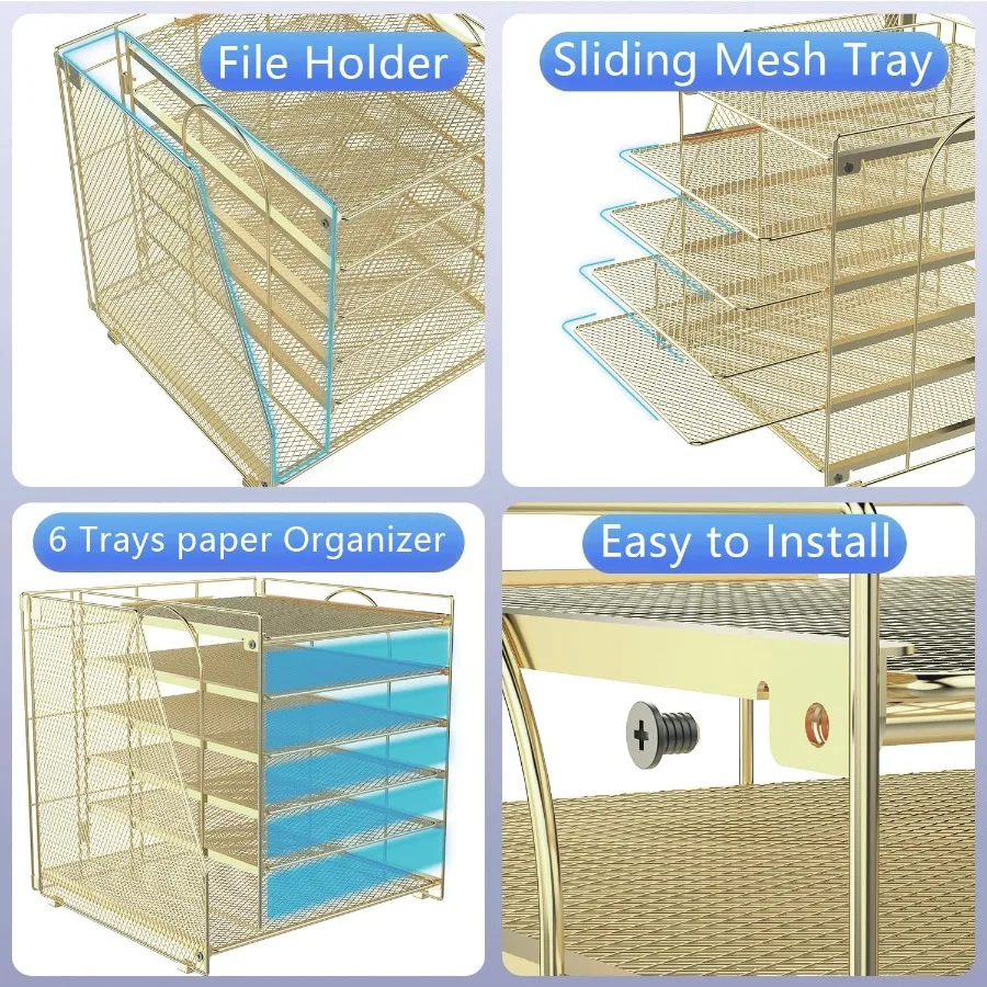 Organizador de papel de 6 niveles con revistero y organizador de archivos para escritorio Accesorios de oficina dorados y solución de almacenamiento para espacio de trabajo Id