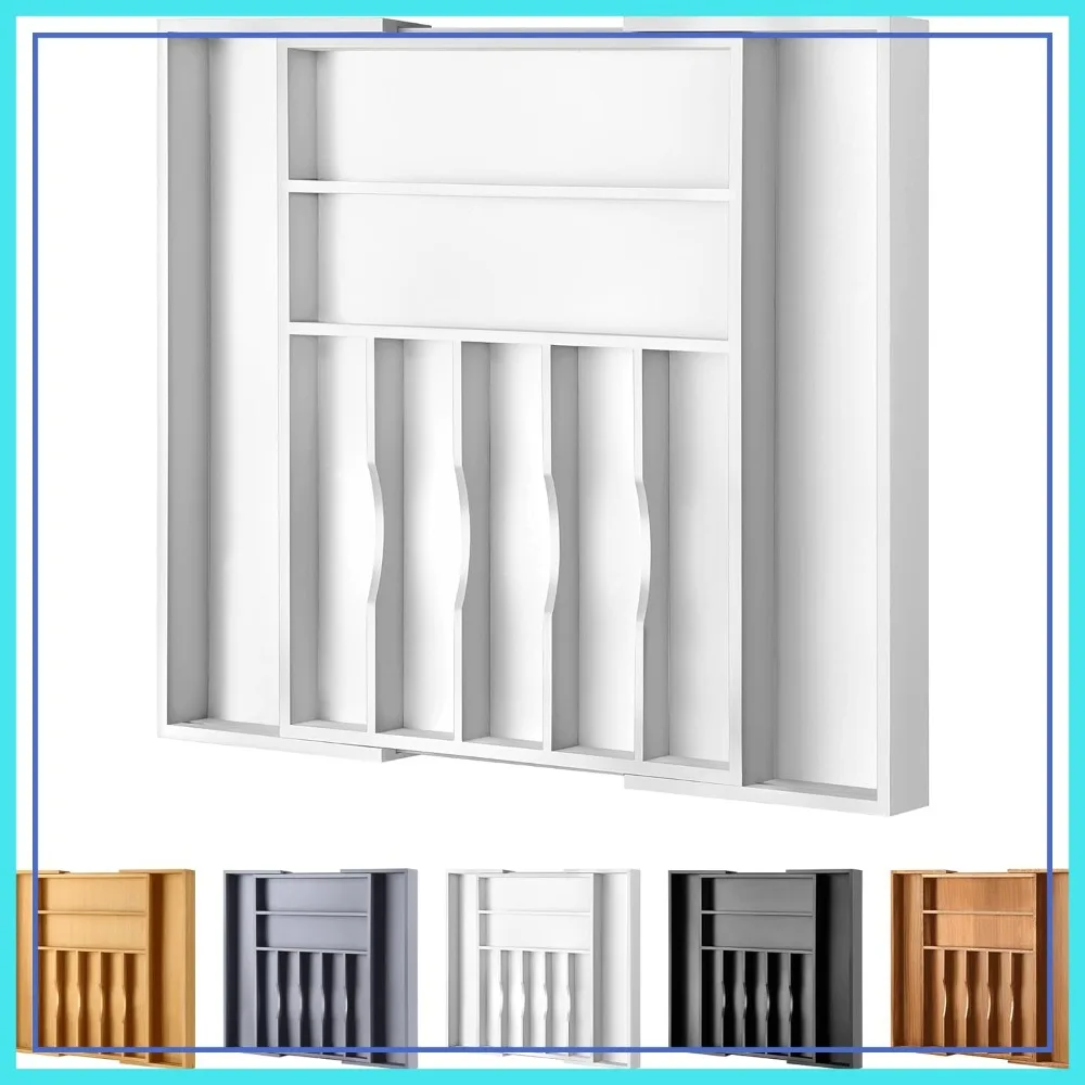 

Expandable Bamboo Drawer Organizer, 17"x19.7" Cutlery Tray with 7-9 Slots for Kitchen Utensils and Flatware, White