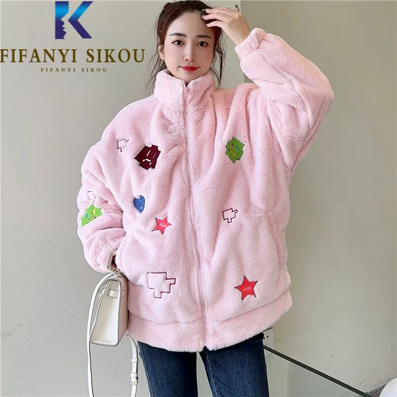 

Cartoon Embroidery Plush Coat Women Winter Faux Lamb Fur Jacket Streetwear Loose Zipper Fashion Fur Coat Thick Warm Overcoat