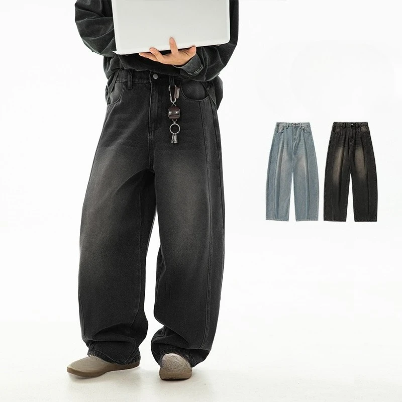 

Новинка весны 2025! Мужские потертые джинсы большого размера в стиле ретро, изогнутые брюки с разрезом, модные, свободные и стильные