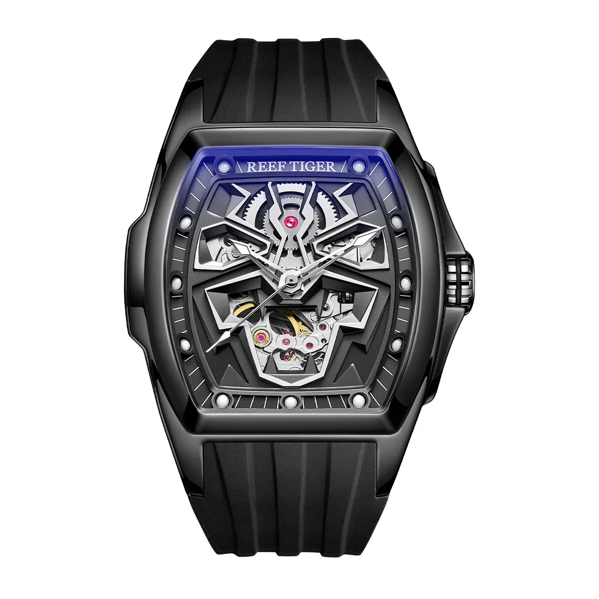 Reef Tiger Men Automatic Watch Luxury Mechanical Wristwatch Tonneau Luminous Waterproof Sapphire Skeleton Hollow Out Dial