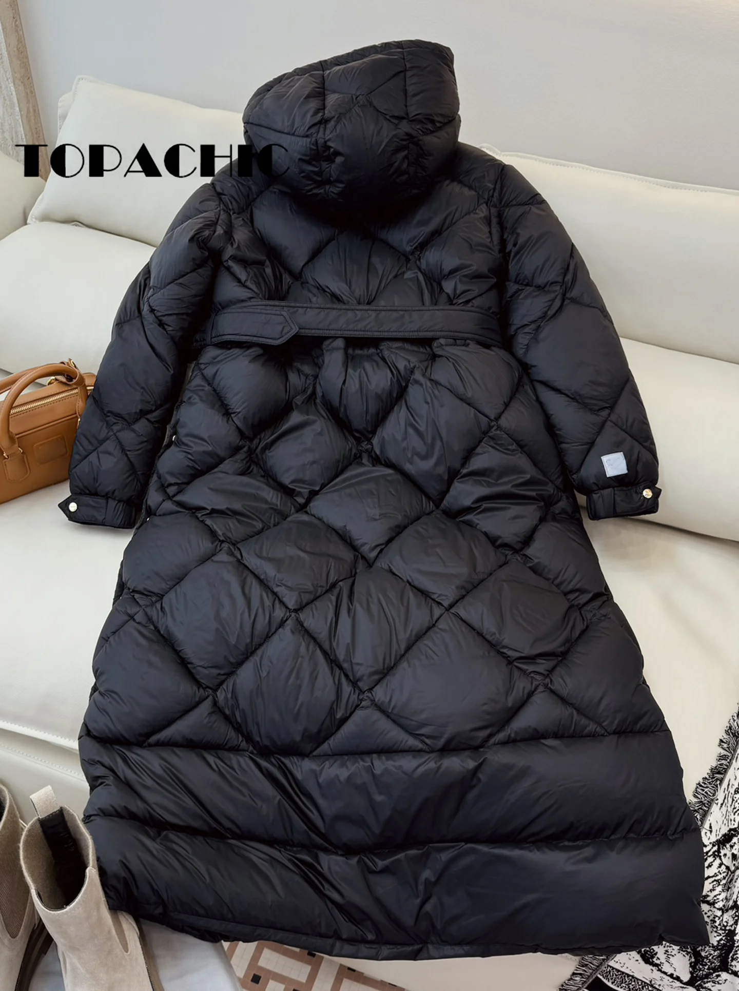 9.5 TOPACHIC-Women White Goose Down Hooded Long Outerwear Quilted Argyle Plaid Single Breasted Side Split Whit Sashes Down Coat