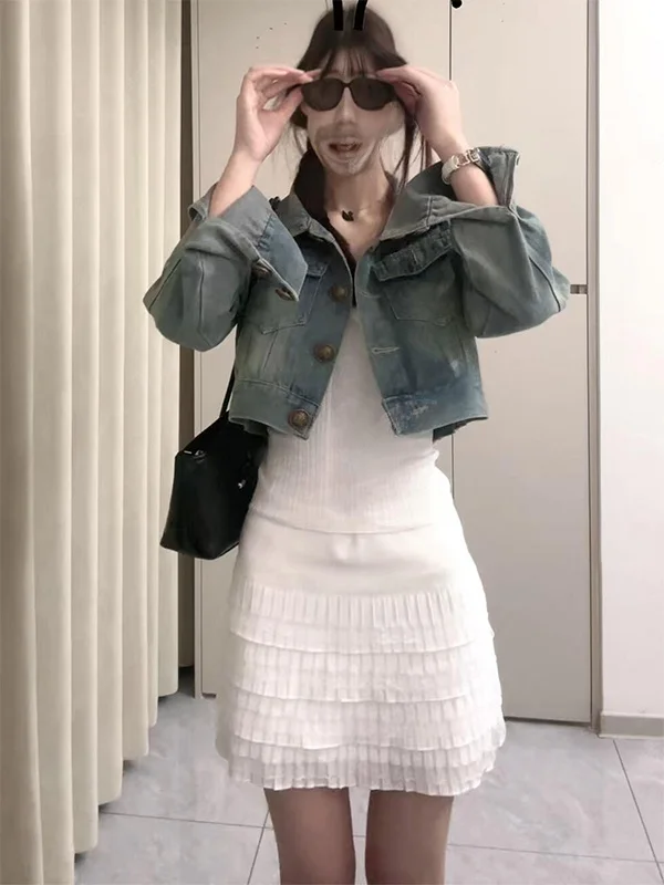 

Retro Hong Kong Style Slim Fit Short Denim Jacket American Washed Fashionable Spring Autumn Women's Premium Quality Top