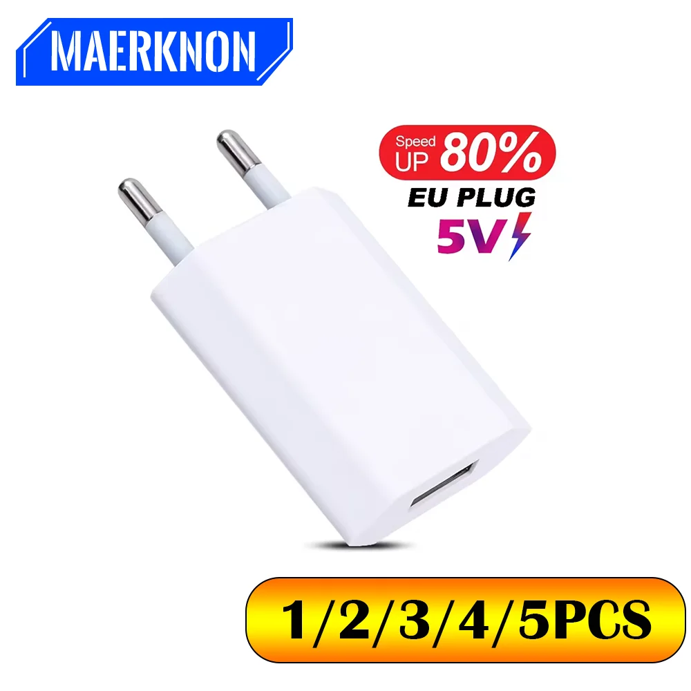 

5V/1A USB Wall Charger 1/2/3/4/5PCS EU Plug SmartPhone Charger Adapters For Universal Phone iPhone 16 Samsung Xiaomi 15 Huawei