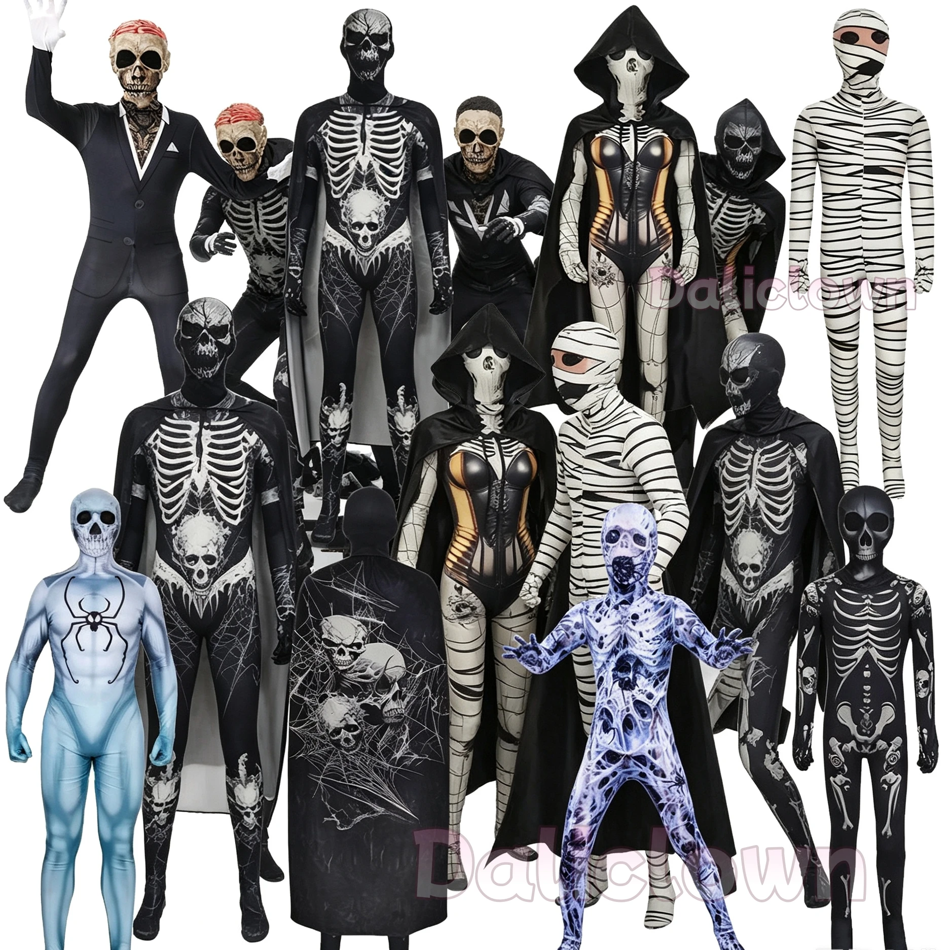 Familien-Skelett-Kostüm für Erwachsene und Kinder Totenkopf Zentai Bodysuit Jumpsuit Sensenmann-Kostüm Halloween Eltern-Kind-Cosplay