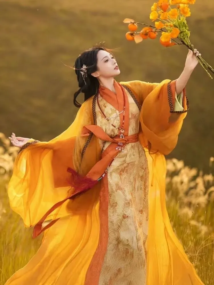 

Платье ханьфу, женское китайское винтажное оранжевое платье ханьфу с принтом, женский карнавальный костюм ханьфу на Хэллоуин, женское платье династии Тан