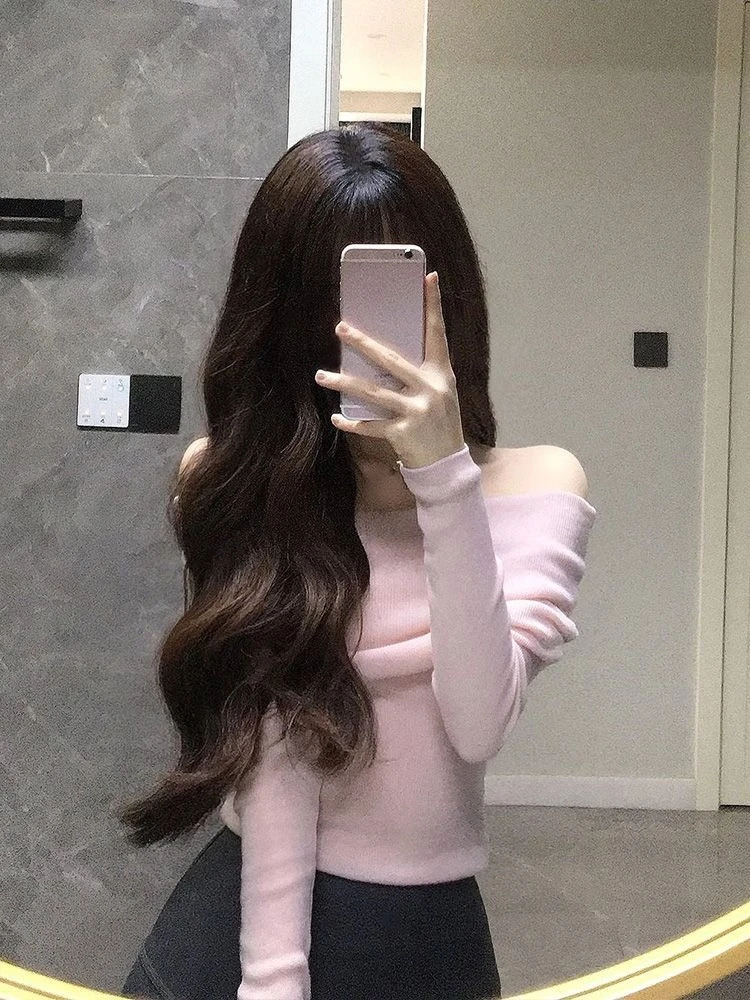 Coquette Sweet Pink Off Shoulder Slim Fit Soft Knit Crop Top Women Long Sleeve Korean Fashion Chic Casual Date Night Outfit 2026