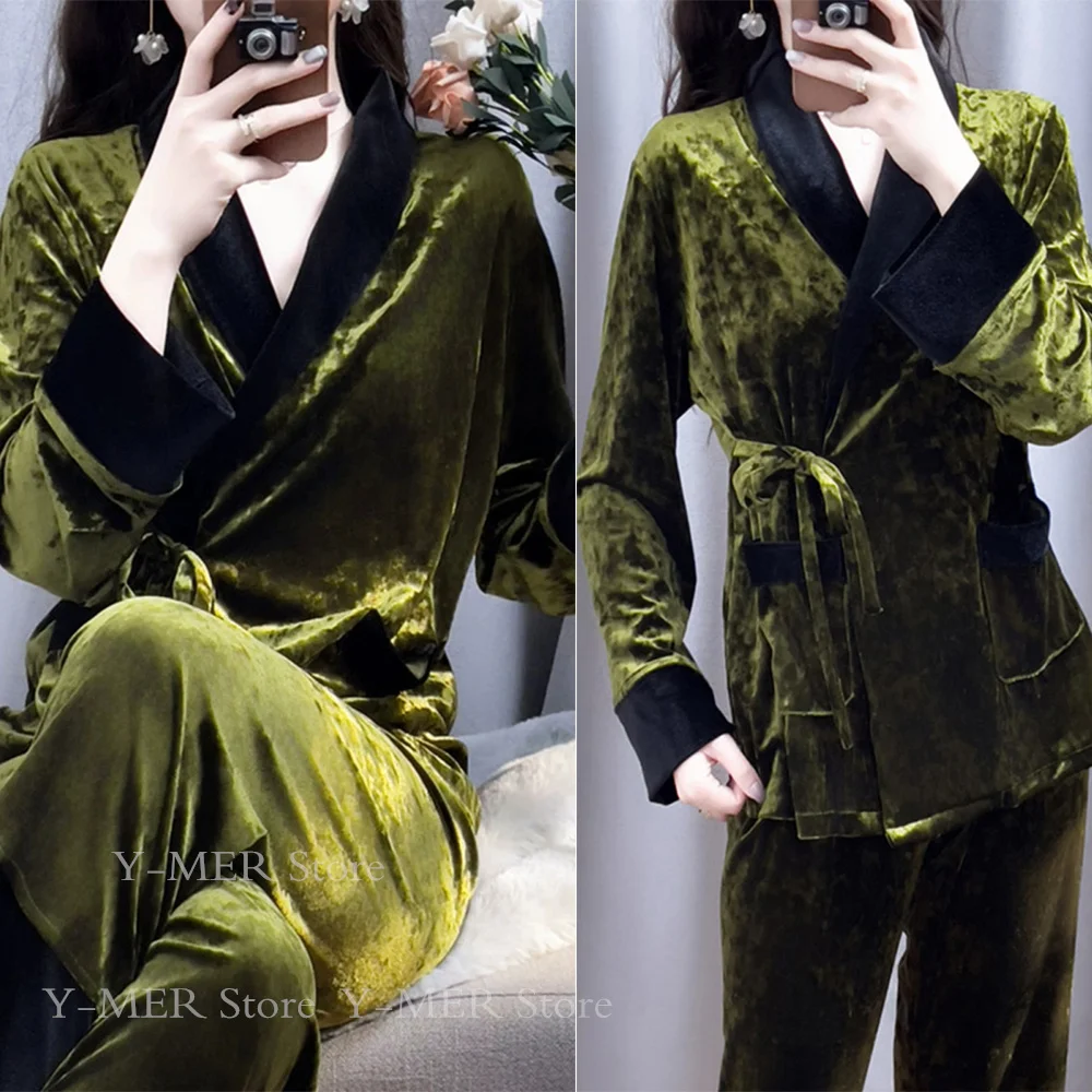 

2024 Autumn New Home Clothes Lady Elegant V-Neck Pajamas Suit Gold Velour Sleepwear 2Pcs Loungewear Women Casual Homewear