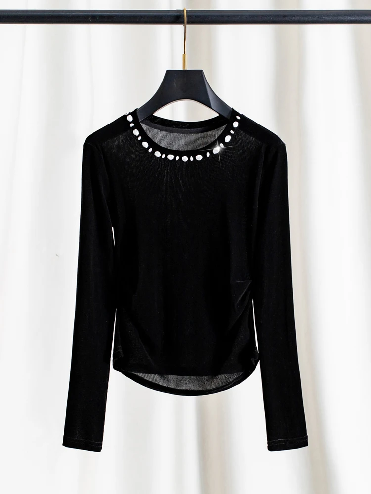 

Fashionable Velvet Base Shirt Women's Slim Fit Long Sleeve round Neck Top Elegant Waist-Cinching Design Stylish Black Color