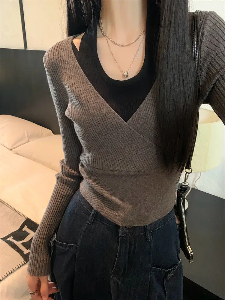 

Свитера женские осенние искусственные из двух предметов винтажные модные с лямкой на шее корейские вязаные уличные пуловеры универсальные уютные повседневные популярные