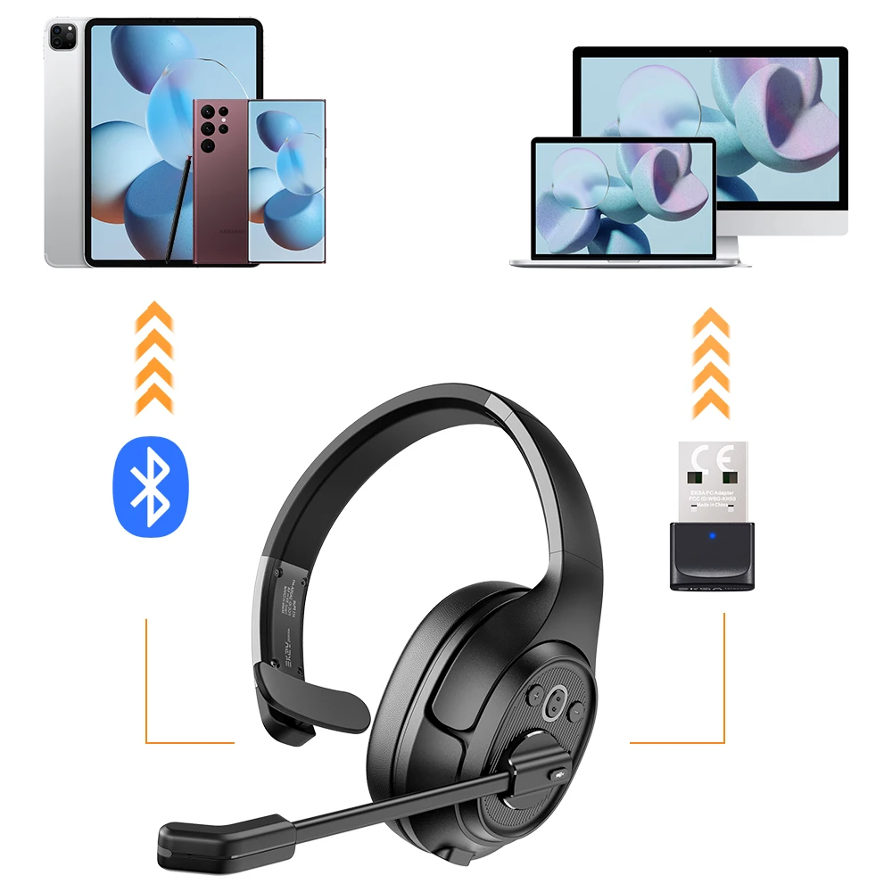 EKSA Wireless Headphones, Bluetooth 5.0 Headset, ENC Microphone, 30H Playtime, For Office/Call Center, with USB Dongle(Optional)