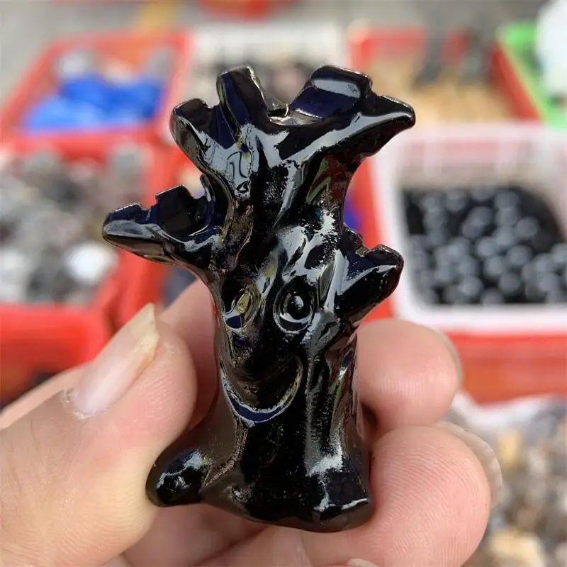 Natural Black Obsidian Tree Monster Carving Handmade Polished Powerful Statue For Home Decoration Lucky Gift 1PCS