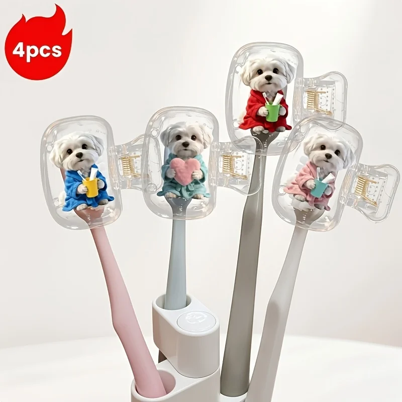 4pcs Cute Maltese Toothbrush Organizer Clip Home Portable Travel Essential Toothbrush Protection Cap Storage Box Party Giveaway