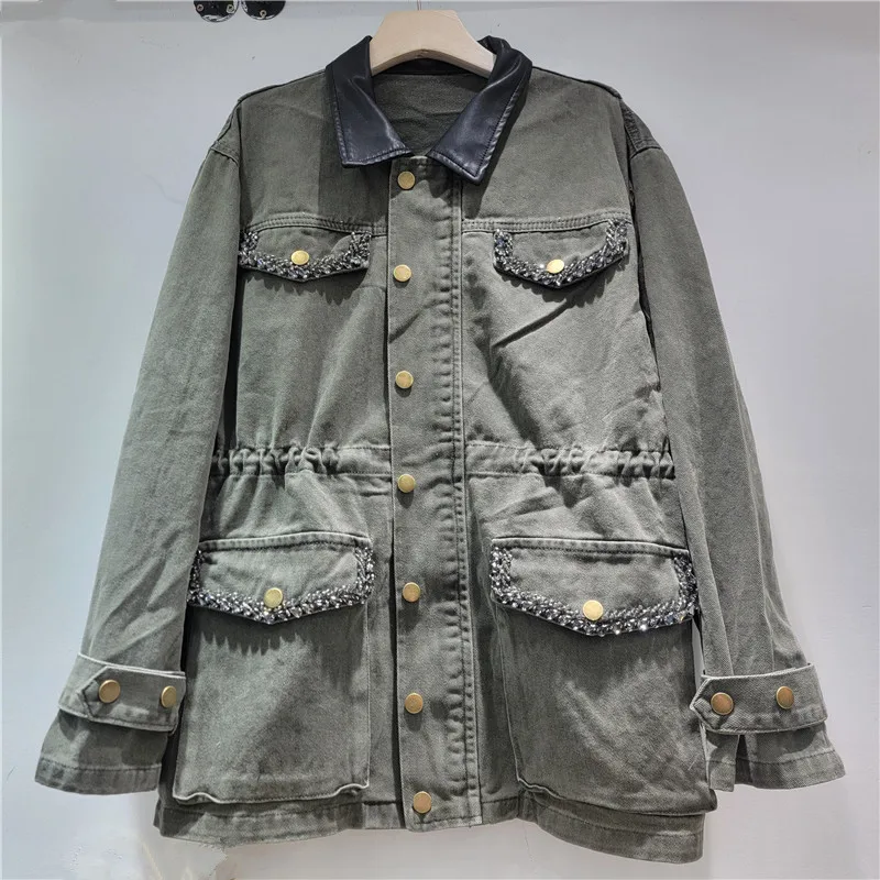 ANJY 2026 Spring Autumn New Women American Trend Diamond Patchwork Safari Style Denim Jacket Loose Casual Drawstring Coat A18480