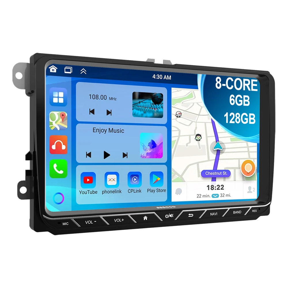 ESSGOO Android 14 Apple CarPlay Android Auto Drahtlos 6+128GB Für VW GOLF MK5 MK6 Autoradio IPS Touchscreen 9 Zoll 8 Kern GPS Navigation KI-Steuerung Radio 4G WIFI FM/AM USB Spiegel Link DSP Sound