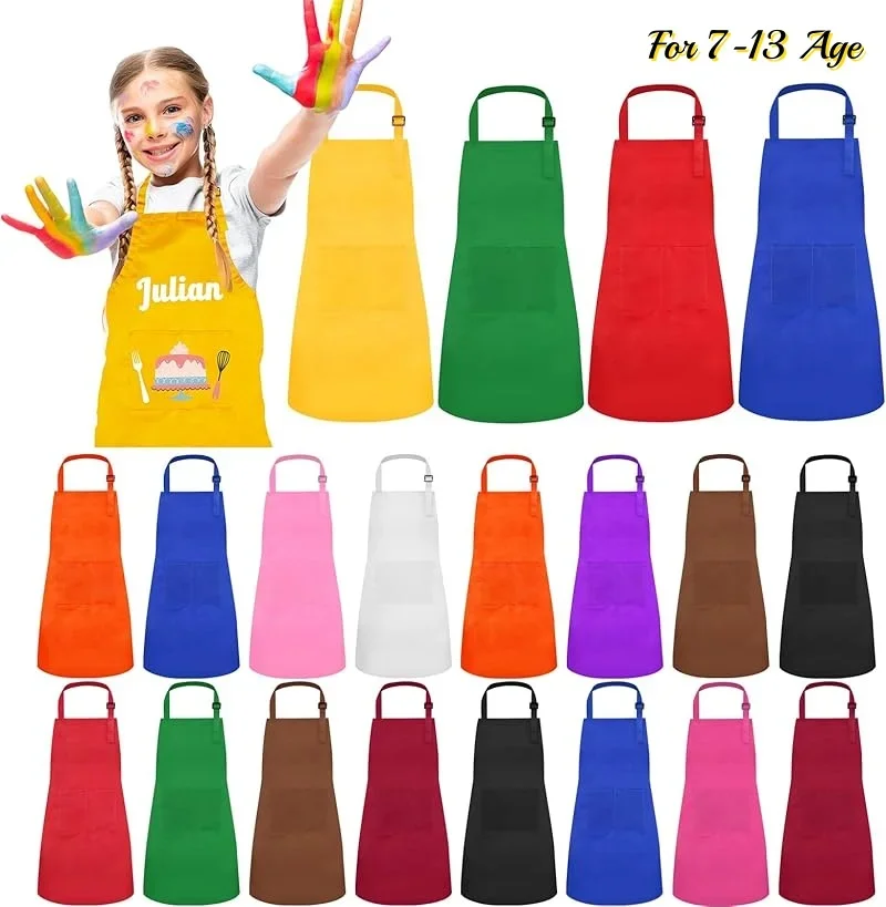 6-12 Pack Kids Painting Aprons with 2 Pockets Adjustable Chef Art Apron for Cooking Baking Painting Crafting Christmas Party