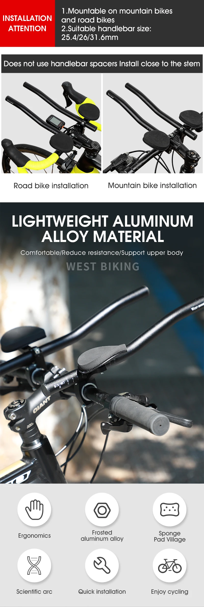 WEST BIKING Aluminium-Legierung TT Lenker Aero Bike Extender Armstützen Verstellbare Lenkerverlängerung mit Schwamm-Ellbogenschonern für Radfahren – Detail 10