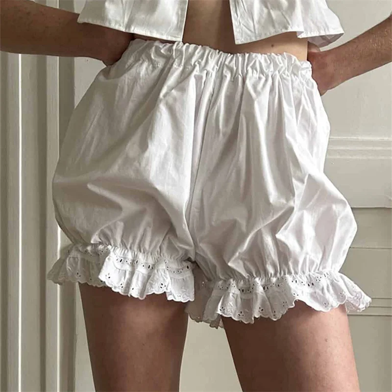 

Summer Women Y2k Lolita Bloomers Chic Eyelet Embroidery Pumpkin Panties Elastic Waist Ruffled Trim Bubble Safety Pants Shorts