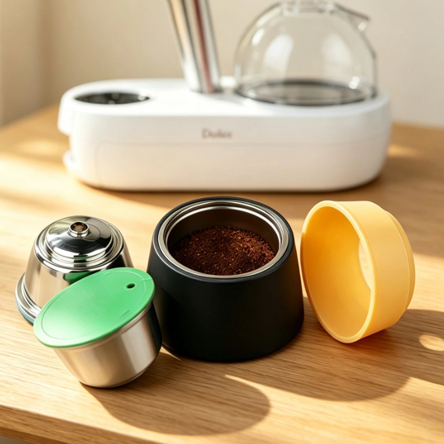 Capsule holder and distributor funnel, compatible with refillable coffee capsules. Anti-spill powder filling tool.