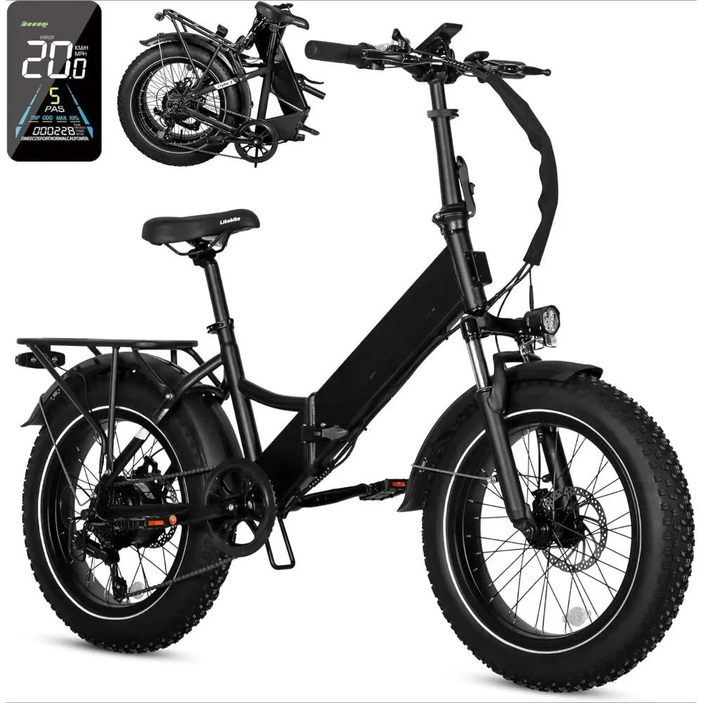 Bicicleta eléctrica plegable para adulto, de 20 pulgadas bici con ruedas anchas, batería extraíble de litio de 48V, 5 pantallas LCD con asistencia de Pedal