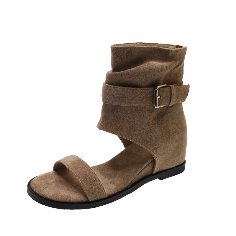 Women's Flat Sandals Open Toe Suede-Look Cutout Slouchy Ankle Booties Casual Summer Footwear Back Zipper Buckle Strap Design