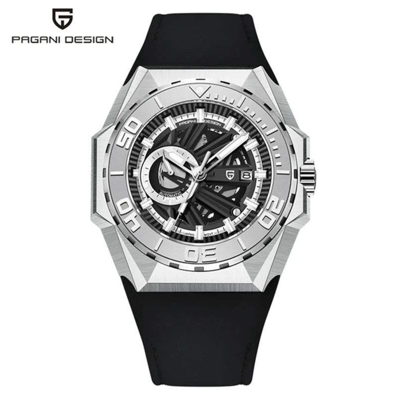 PAGANI DESIGN-YS007 Octagonal Case,Skeleton Hollow Dial,Black Rubber Strap Luminous Mechanical Spo ,100M Waterproof