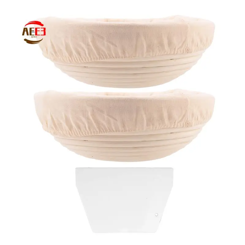 

AEE3-Round Set,2 Yeast Baskets For Bread And Bread Dough, Banneton Proofing Basket With Linen Inserts,Dough Scraper Set Round