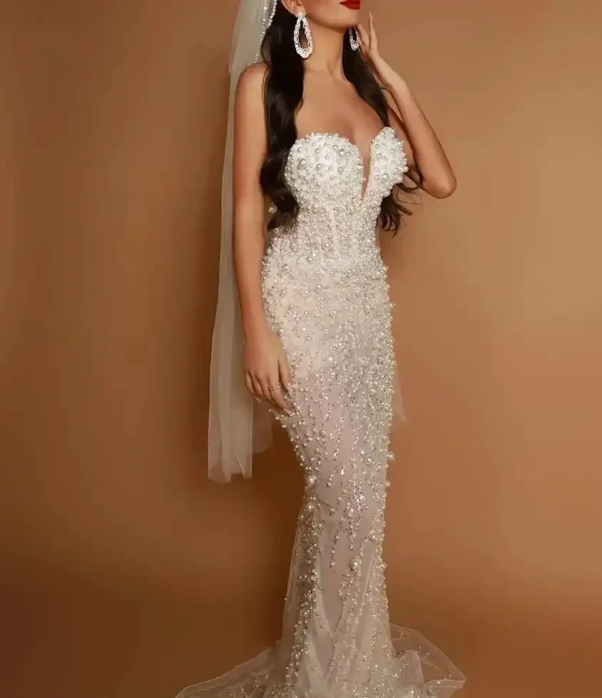 Flavinke индивидуальные сексуальные свадебные платья без бретелек с жемчугом без рукавов Иллюзия Русалка Свадебное платье с блестками Кружевные платья невесты