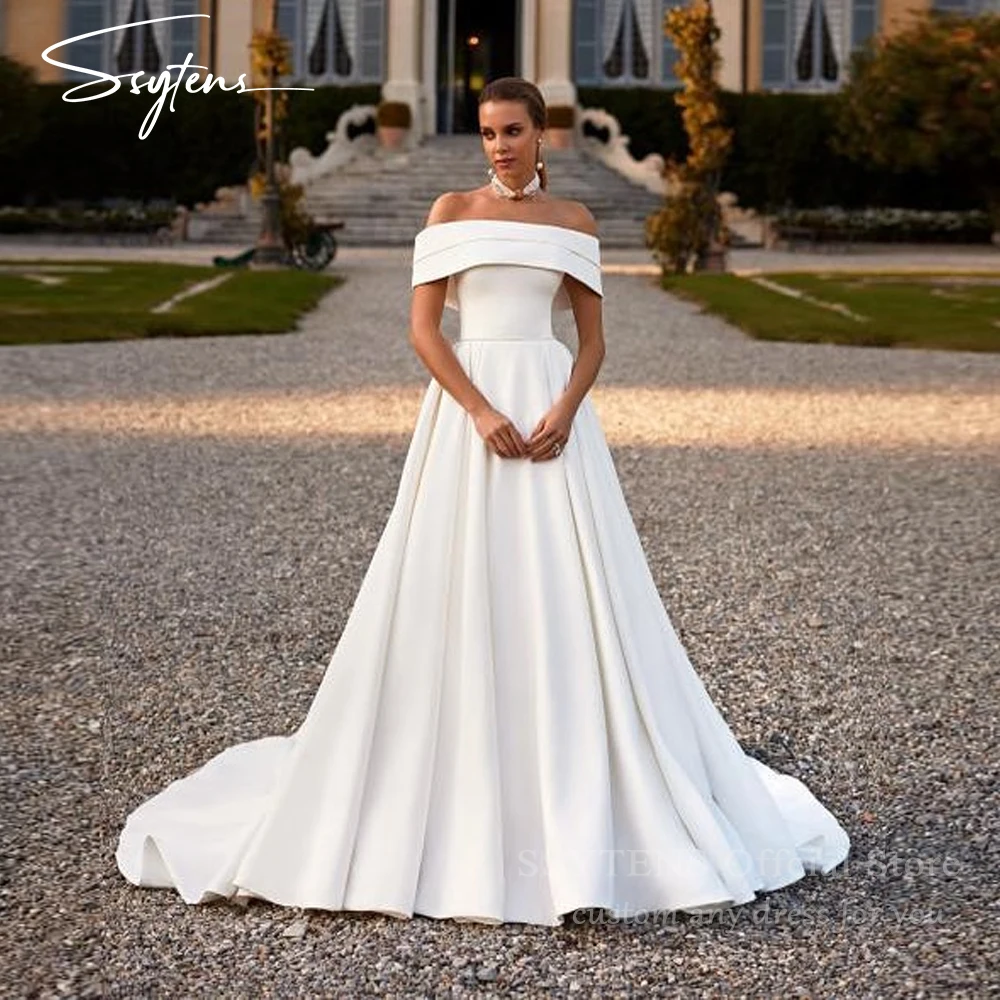 

SSYTENS Satin Wedding Dresses Backless Off the Shoulder A Line Bridal Gown Floor Length Simple Brides Dress Plus Size Customized