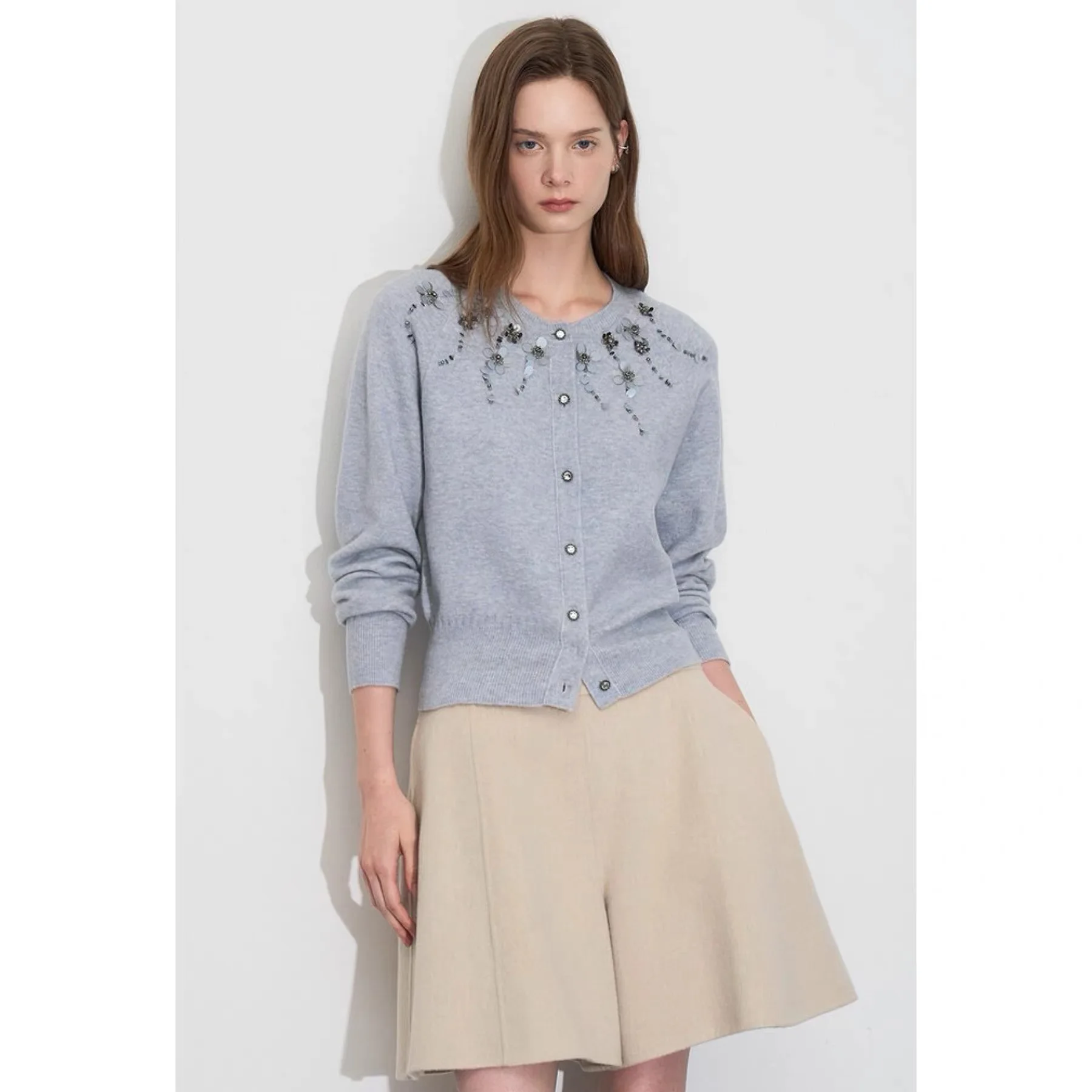 

Lemon Cheese OBZ25 Autumn Heavy Du Beaded iny Wool Knitted Sweater round Ne Versatile Slimming Women's Cardigan