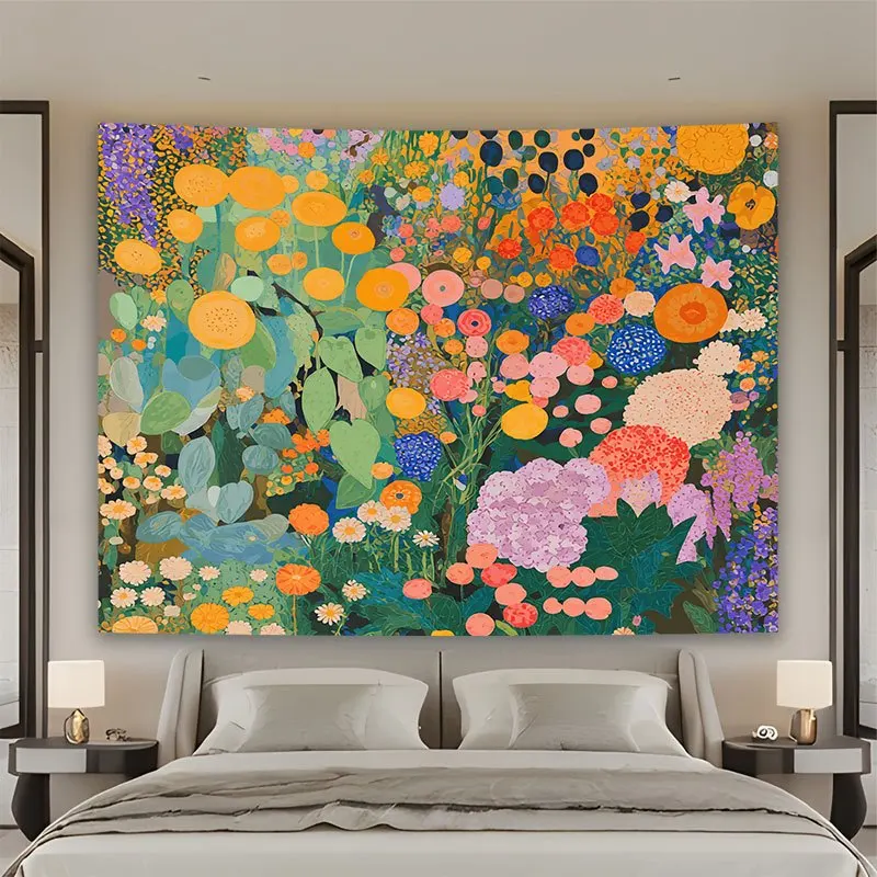 Horizontal Floral Tapestry Wall Hanging Suitable for, - Elegant Blooming Flower with Horizontal Blooms, Polyester Fabric, Hangin
